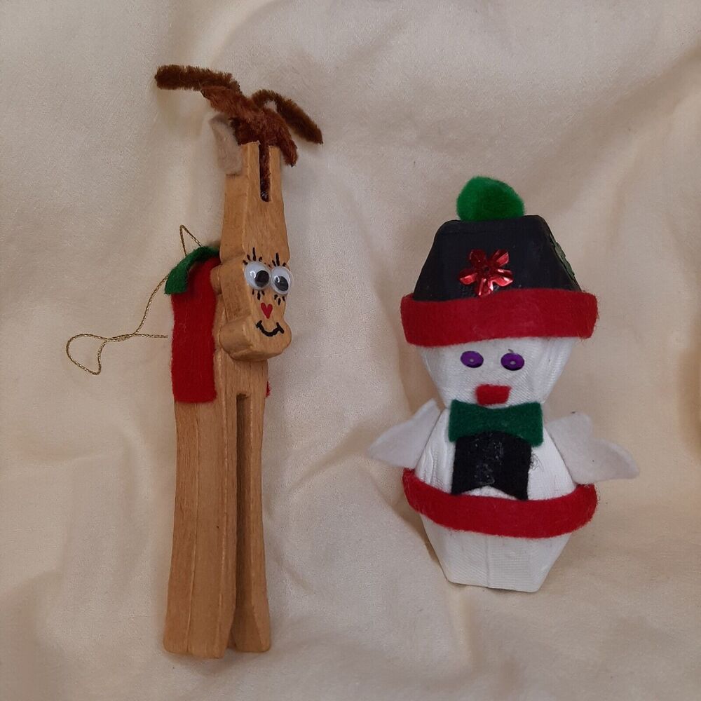 Vtg Clothespin Reindeer Christmas Ornament - Handmade + Egg Carton Snowman